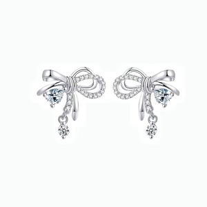 Asymmetric Bow Stud Earrings Necklace Set With Silver Earring Post Brass Zirconia Inlaid Minimalist Jewelry For Women