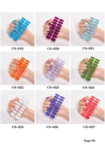 Grid view of solid color nail stickers in shades from sky blue to coral red, page three
