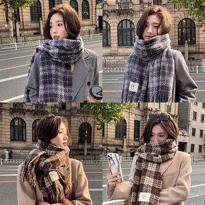 Winter Plaid Scarf For Women Soft Polyester Warm Fringed Tassel Thousand Bird Houndstooth Retro Chic Cold Weather Accessory