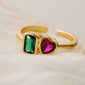 Gold open ring with heart-shaped pink zircon and rectangular green gemstone for women