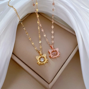Elegant dancing cat pendant necklace with full crystals in gold and rose gold titanium