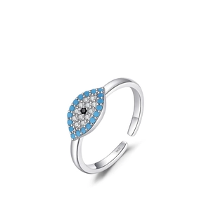 Evil Eye 925 Sterling Silver Ring With Turquoise And White Zircon Vintage Adjustable Open Jewelry For Women