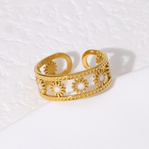 Minimalist 18K gold plated hollow sun daisy pattern adjustable stainless steel open ring