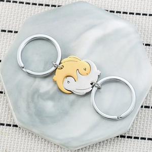 Cute bunny stainless steel keychain set in gold and silver finish with tai chi pattern