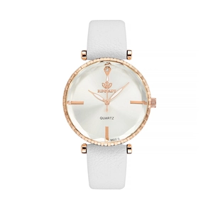 Close-up of white sunburst dial with rose gold case and RINNADY quartz watch branding