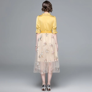 French style two-piece yellow satin top and champagne mesh skirt with butterfly embroidery