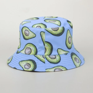 Detail of light blue bucket hat featuring all-over avocado print and quality stitching