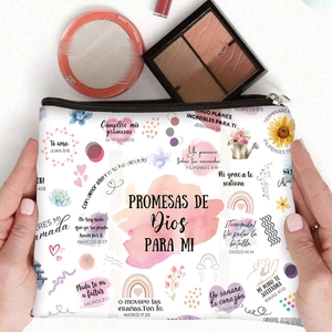 Floral canvas makeup bag with Spanish religious text Promesas de Dios and secure zipper