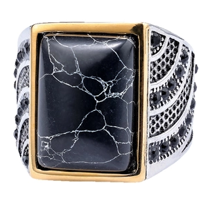 Men's retro stainless steel ring with black turquoise stone and gold-black contrast finish