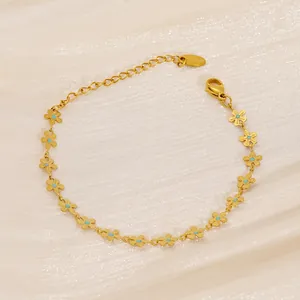 Elegant Daisy Flower Bracelet 18k Gold Plated Stainless Steel For Women Chic Adjustable Jewelry Blue Drip Oil Charm