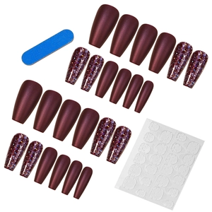 Matte burgundy and glitter purple medium-long coffin press-on nails with tool kit