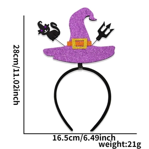 Halloween headband with purple sequined witch hat and black cat detail including dimensions