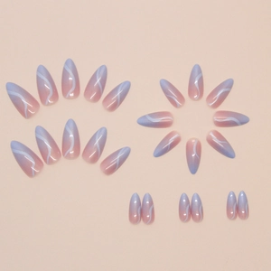 Colorful aurora gradient almond press-on nails with white wavy patterns and glossy finish