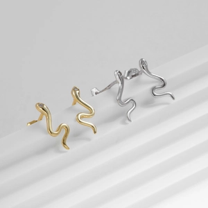 Minimalist S925 sterling silver snake stud earrings in gold and silver with zircon