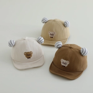Cute baby baseball caps with bear embroidery and striped ears in beige, khaki, and brown