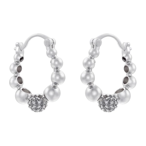 Detail of silver U-shaped hoop earring with shimmering crystal paved bead and smooth pearls