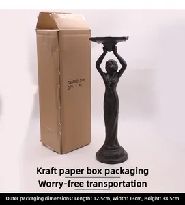 Vintage iron angel candle holder with brown kraft packaging box and dimensions