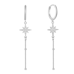 Detail of S925 sterling silver drop earrings with star pendant and long tassel chains