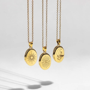 Stainless Steel Oval Photo Locket Necklace Sun Moon Evil Eye Engraved Vintage Minimalist Jewelry For Women Men