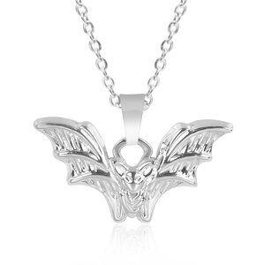 Detailed view of silver stainless steel bat pendant necklace on a clean white background