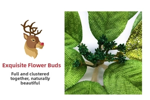 Détail des étamines vertes artificielles avec paillettes et feuilles en tissu texturées
