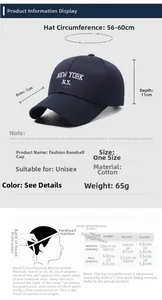 Size chart for cotton baseball cap showing 56-60cm circumference and head measurements