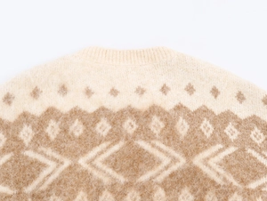 Detail of bohemian jacquard knit sweater featuring a ribbed crew neck and fuzzy texture