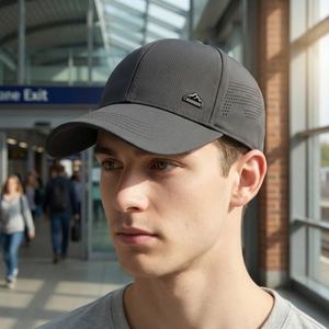 Men's grey breathable baseball cap with laser-cut side vents and mountain logo
