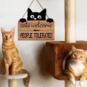 Wooden Hanging Sign Funny Cats Welcome People Tolerated Black Cat Silhouette Wall Decor Pet Lovers Gift