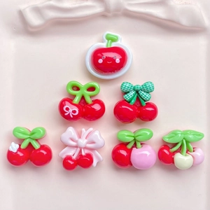 Mini resin red cherry accessories set with bows for DIY hair clips and phone cases