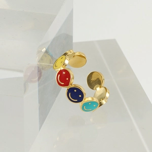 Golden stainless steel adjustable open ring with colorful enamel smiley face patterns