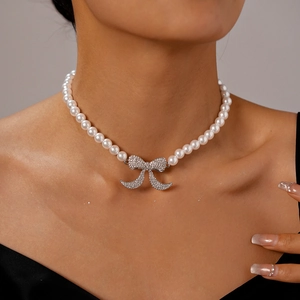 Collana Di Künstliche Perle Con Fiocco In Stile Francese Vintage Elegante Ciondolo In Lega Di Strass Gioielli Per Donna
