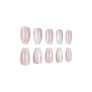 Pink and white French ballet fake nails set with silver glitter lines on white background