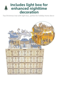 Detail of wooden Christmas advent calendar with 24 drawers and LED light silhouette