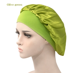 Detail of olive green satin bonnet with wide elastic band for hair protection