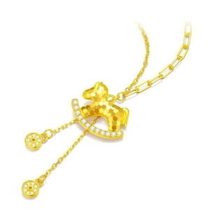 Gold rocking horse necklace with zircon horse coin pendants and asymmetric chain