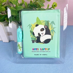 Nahaufnahme von süßem Panda-Mini-Notizbuch mit passendem mintgrünem Kugelschreiber im Set