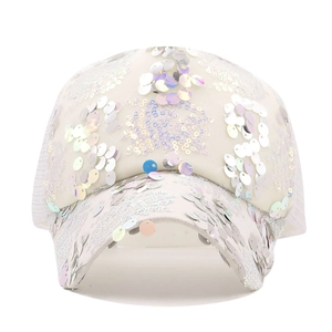 Detail of white mesh baseball cap featuring iridescent sequins and breathable side panels
