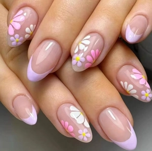 Faux Ongles À Presser Forme Amande French Tip Violet Motif Marguerite Floral Doux Frais Pour Femmes