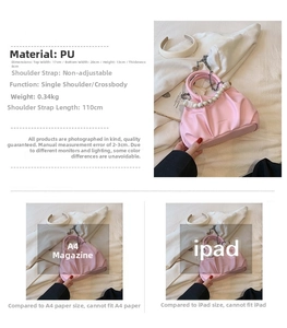 Pink pleated cloud bag details with pearl handle, chain strap and size dimensions