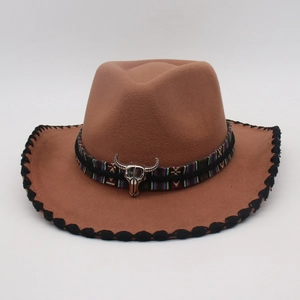 Brown western felt fedora hat with ethnic patterned band and silver bull head ornament