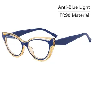 Elegant cat-eye TR90 blue light blocking glasses in blue and yellow bicolor frame