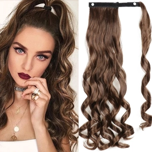 Long wavy dark brown ponytail extension with velcro wrap-around and clip-in attachment