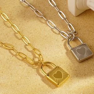 Minimalist stainless steel heart lock necklaces in gold and silver paperclip link chain style