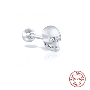 S925 sterling silver skull stud earring with diamond eyes on white background