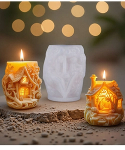 Detailed 3D treehouse silicone mold with intricate candle textures and warm lighting