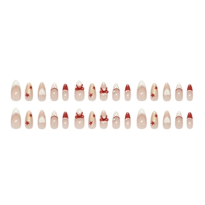 Red bowknot and star glitter almond press-on nails set with 3D nail art designs