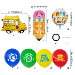 Detailed school bus and pencil foil balloons kit with precise size dimensions shown