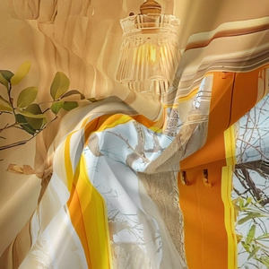 Gros plan d'un tissu décoratif doux avec un paysage d'automne et des tons chauds