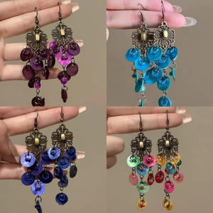 Bohemian Shell Long Drop Earrings With Alloy Flower And Steel Earring Post Vintage Ethnic Style Jewelry For Women